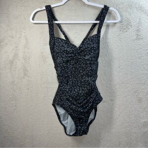 Speedo One Piece Swimsuit‎ Ruching Black Gray Leopard Print Women's 8 NEW